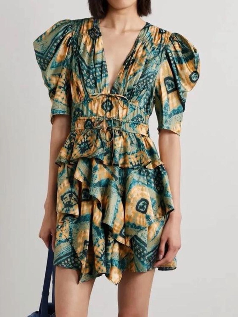 NWT ULLA JOHNSON Zita Ruffled Printed Silk-Twill Mini Dress